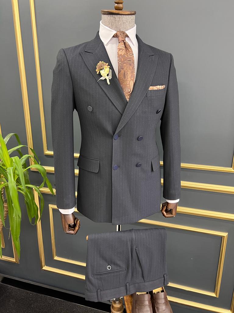 Striped Double-breasted Suit - Dark Blue