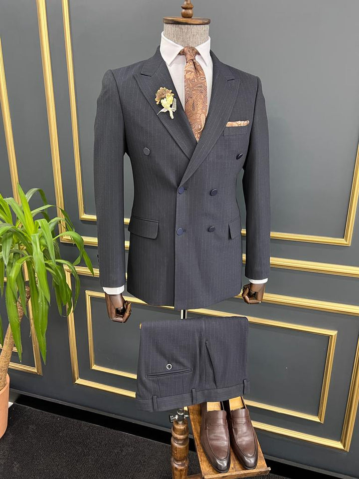 Striped Double-breasted Suit - Dark Blue