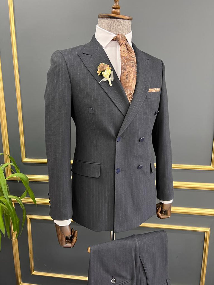 Striped Double-breasted Suit - Dark Blue