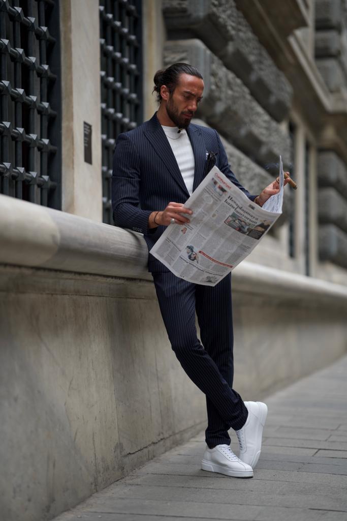 Striped Slim Fit Casual Suit-Dark Blue