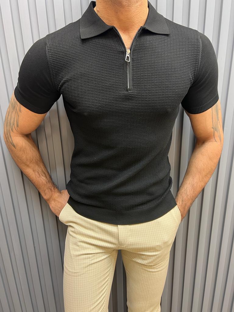 Zip Detailed Polo Neck T-shirt -  Black